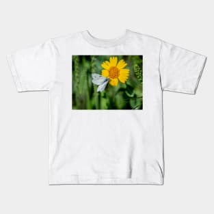 Checkered White Butterfly Enjoying  Huisache Daisy Kids T-Shirt